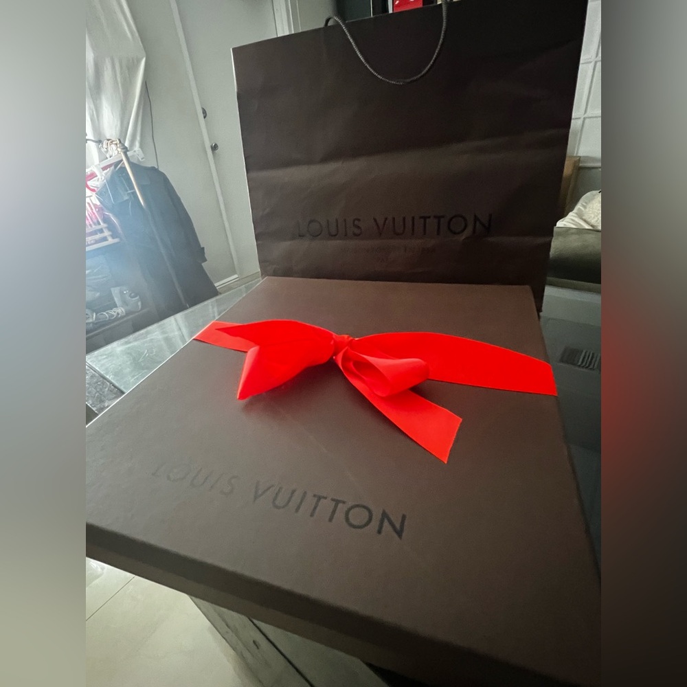 Louis Vuitton Dark Brown Box with Vibrant Red Ribbon